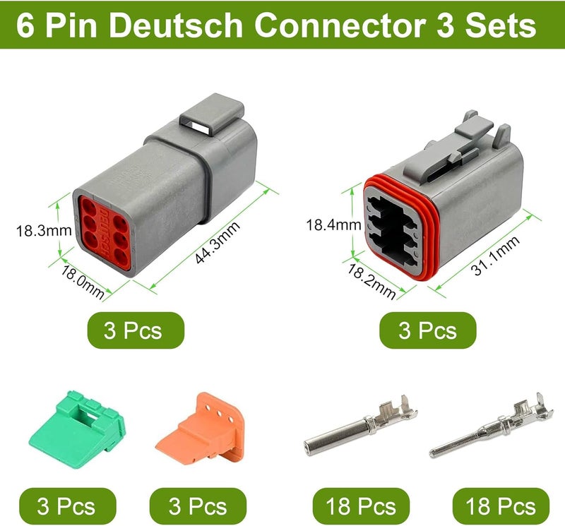 Twippo 6 Pin Deutsch Connector Kit 3 Sets, Gray DT Connector Kit, 6 Pin Automotive Waterproof Wire Connectors, Electrical Connectors Kit with 16# Stamped Contacts for Car, RV, Truck Wiring 22-16AWG - Image 2